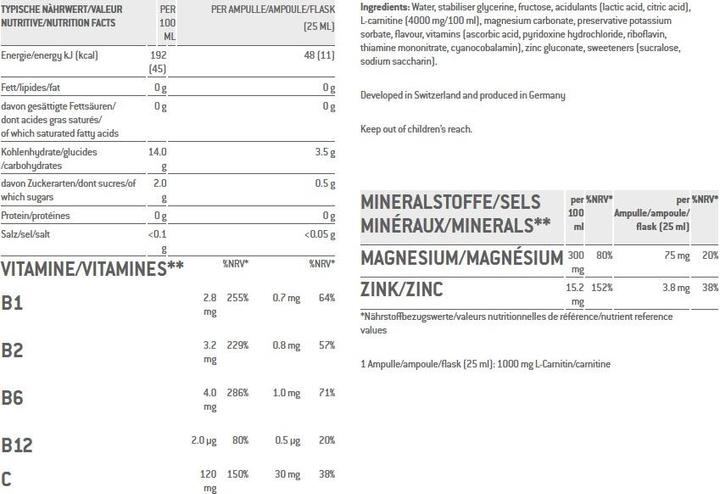Valeurs nutritives et ingrédients Sponser L- Carnitin 1000 (Pêche, 30 x)