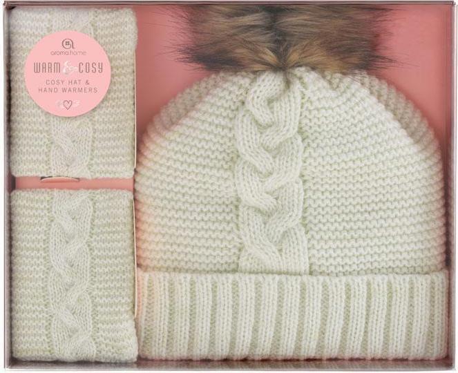 Aroma Home Knitted Hat with Hand Warmers, crème