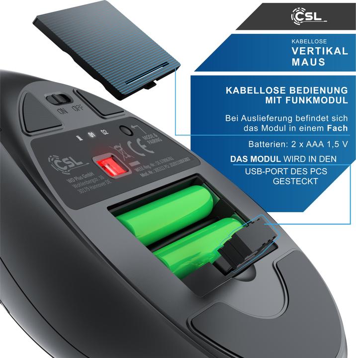 Actual product image CSL ergonomic mouse, radio, vertical, optical, wireless, 2.4Ghz & Bluetooth, arm-friendly, 2400 dpi (Wireless)