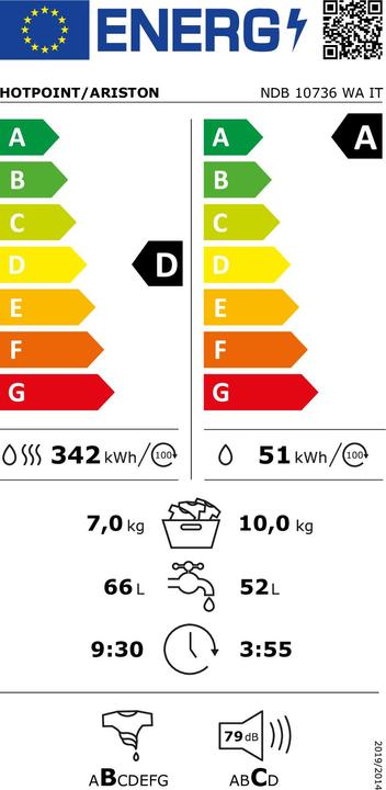 Energie-Label Hotpoint Active NDB 10736 WA DE Waschtrockner Freistehend Frontlader Weiss D