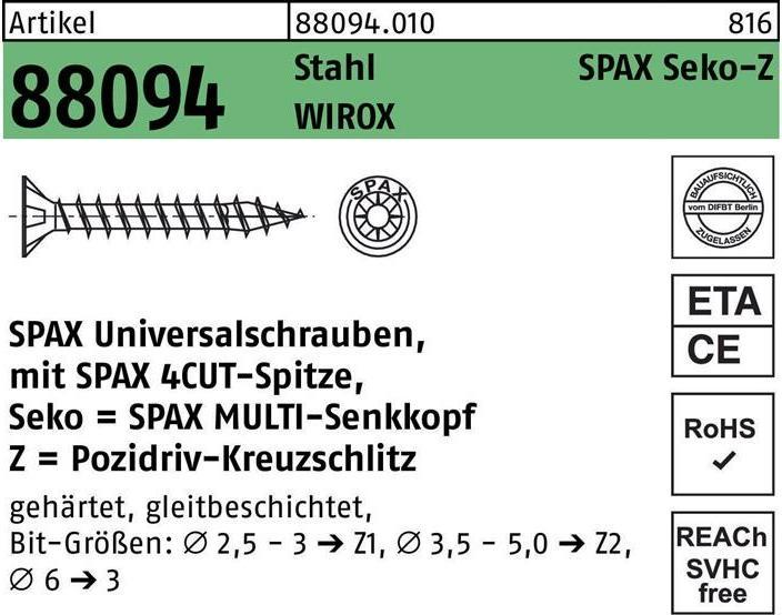 Productafbeelding Spax Schroef R 88094 Verzonken kop met punt/kruisuitsparing -PZ 5 x 100/60-Z Verzinkt staal WIROX (100 Schroeven per stuk)