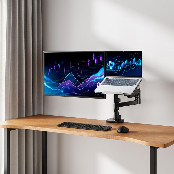 Actual product image Single monitor arm and laptop arm office premium, with gas spring, pole mounted (Table, 49")