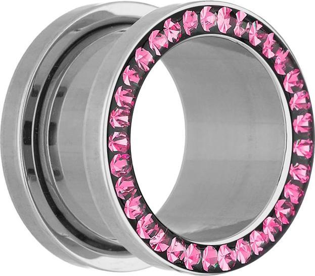 Star Piercing Flesh Tunnel silber mit Kristall pink und Epoxy Schutzschicht (ohne Messing, Chirurgenstahl 316L)