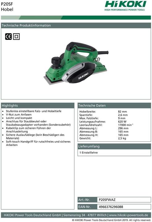 Productafbeelding Hikoki Schaafmachine P20SF in doos