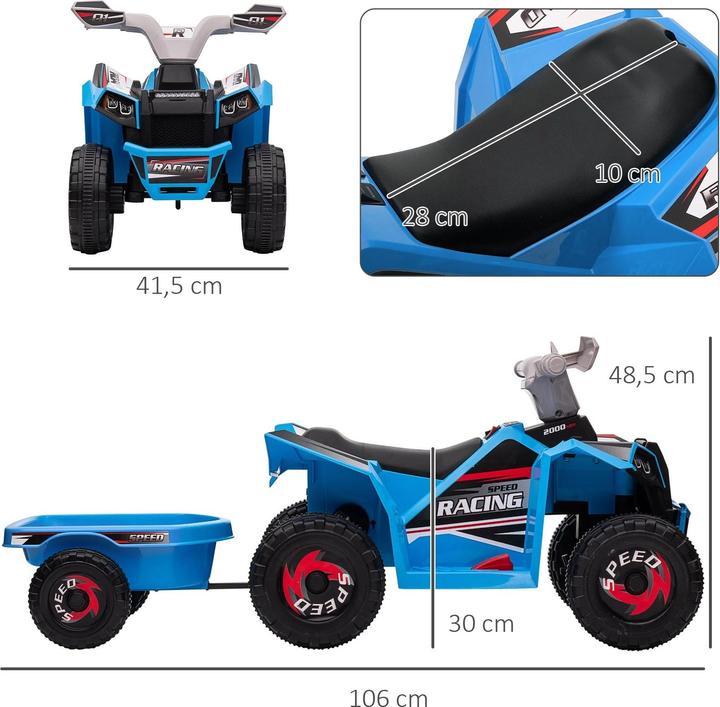 Produktbild Homcom Kinderquad, aufladbar, 2,5 km/h, mit Anhänger, 50 Min. Fahrzeit, für Kinder 1,5 bis 3 Jahre, Blau (6 V)