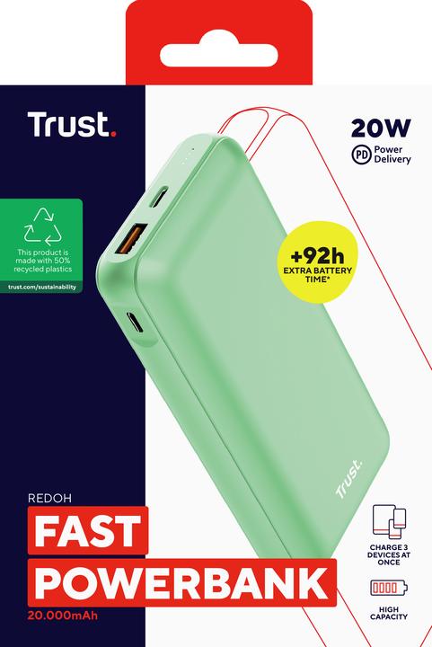 Immagine prodotto Trust Redoh - Powerbank - 20.000 mAh - USB A/USB C - Ricarica rapida - Buono (20000 mAh, 18 W, 74 Wh)