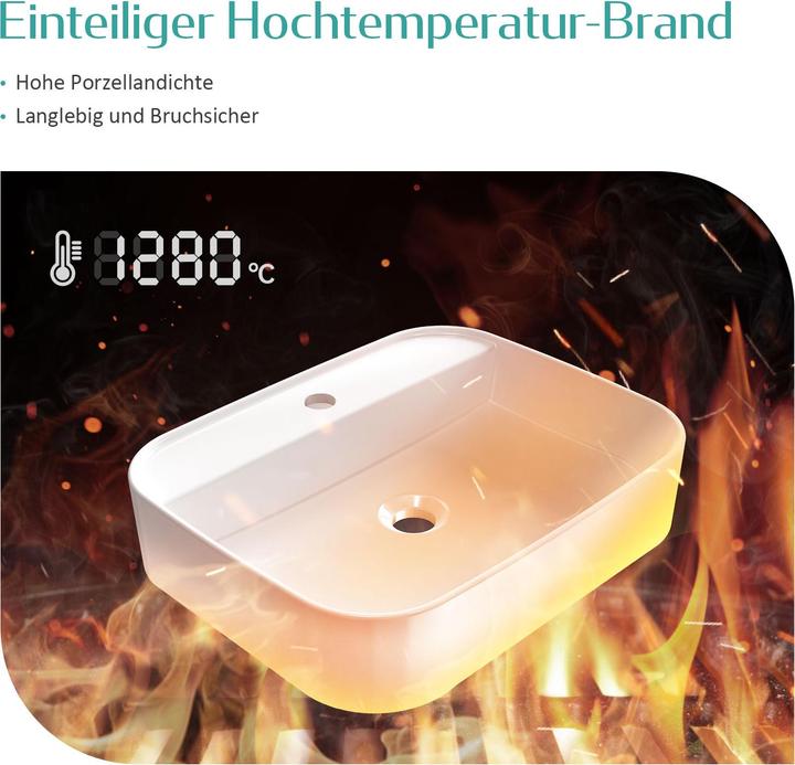 Produktbild Emke Aufsatzwaschbecken Rechteckiger Aufsatzwaschtisch Hänge Waschbecken Bad mit Hahnloch 500 x 400 (400 mm, 500 mm)