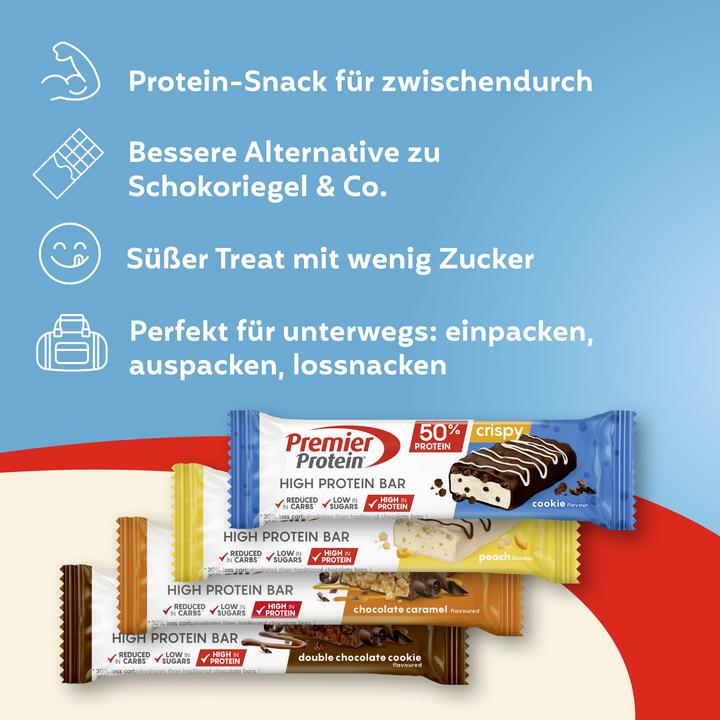 Produktbild Premier Protein Protein Bar 50% Multiflavourbox (Schokolade Keks, Pfirsich, Cookie, Schokolade Karamell, 20 Stk., 800 g)