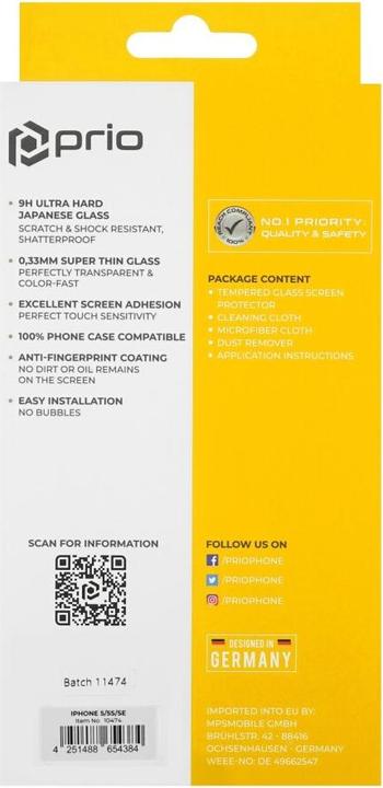 Produktbild prio Displayschutzglas für iPhone 5/5S/SE transparent (1 Stück, Apple iPhone 5s, Apple iPhone SE, Apple iPhone 5)