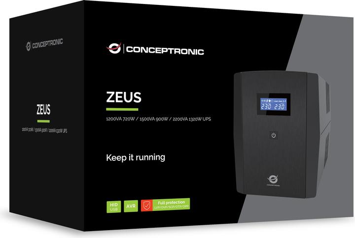 Actual product image Conceptronic ZEUS USP 2200VA 1320W 4xUK Sockets HID,USB,RJ45 (2200 VA, 1320 W, Line-interactive UPS)