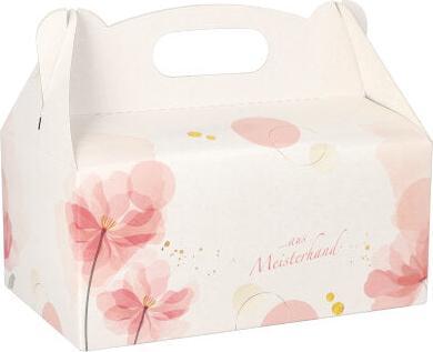 Produktbild Papstar Gebäck-Karton mit Tragegriff, 200 x 130 x 90 mm aus Pappe, Materialstärke: 350 g/qm, Farbe: rosé (20 x)