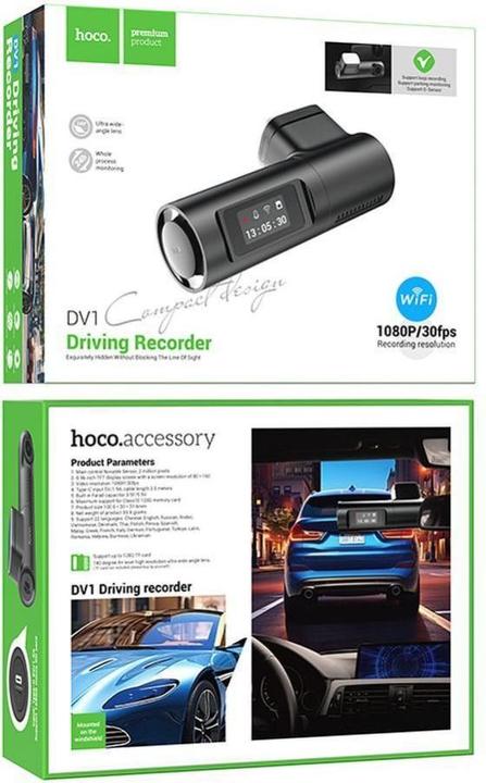 Actual product image Hoco Headphone with microphone car camera with screen 0,96" 1080P/30fps DV1 black (Built-in microphone, Rechargeable battery, Bluetooth, Accelerometer, GPS receiver, Night vision, Built-in display, Full HD)