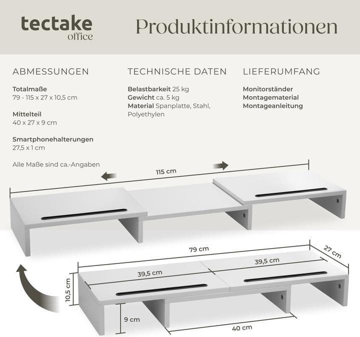 Produktbild tectake Monitorständer Bozen, 3-teilig, inkl. Smartphonehalterungen
