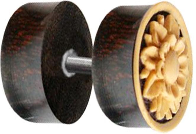 Star Piercing Fake Plug Blume geschnitzt aus Tamarind Holz (ohne Messing, Organisch)