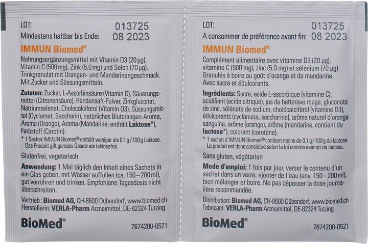 Nutritional values and ingredients Biomed Immune granules 20 bags (20 Piece, Granulate, 137 g)