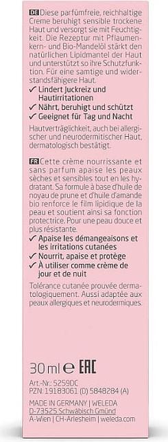 Nutritional values and ingredients Weleda Sensitive moisturising cream (30 ml, 24h cream)