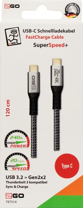 Actual product image 2GO USB C — USB C (1.20 m, USB 3.2 Gen 2x2, 240 W)