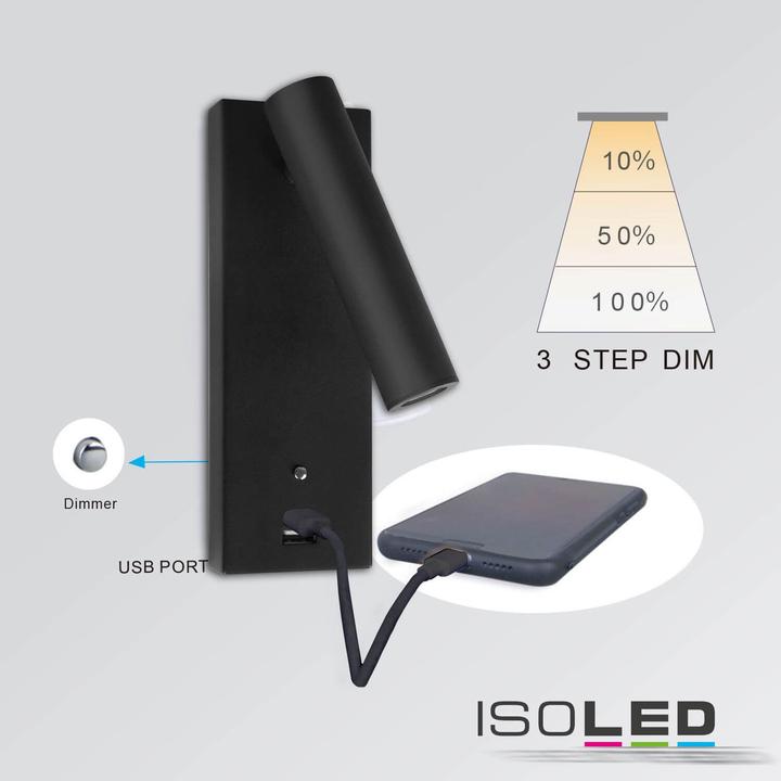 Image du produit Isoled Liseuse LED, 3W, noir, avec prise de charge USB A, blanc chaud, variateur à 3 niveaux