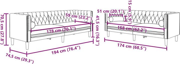 Produktbild VidaXL Chesterfield Sofa Set mit Nackenrollen Sofagarnitur 2-tlg. Weinrot Samt (Chesterfield)