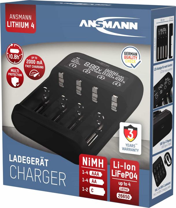 Actual product image Ansmann Lithium/NiMH charger Lithium 4 (1 pcs., 10340, 10350, 10440, 10500, 12500, 12650, 13500, 13650, 14500, 14650, 16340, 16650, 17335, 17355, 17500, 17650, 17670, 18350, 18490, 18500, 18650, 18700, 20650, 21700, 22650, Rechargeable battery)