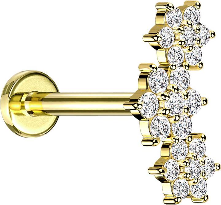 Star Piercing Micro Labret Innengewinde vergoldet drei Blumen Kristalle silber (Chirurgenstahl 316L, Messing)