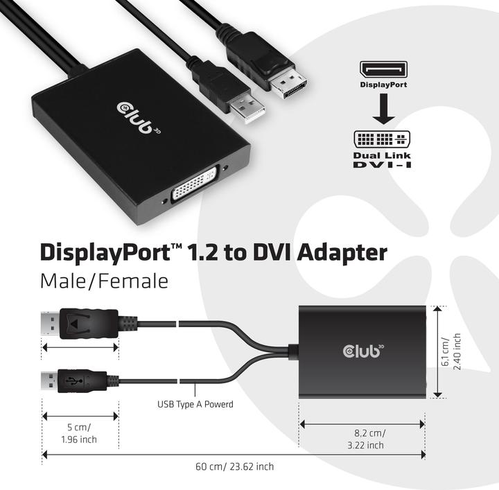 Image du produit Club 3D CAC-1010 DisplayPort vers adaptateur actif Dual Link DVI-I (USB, 6.10 cm)