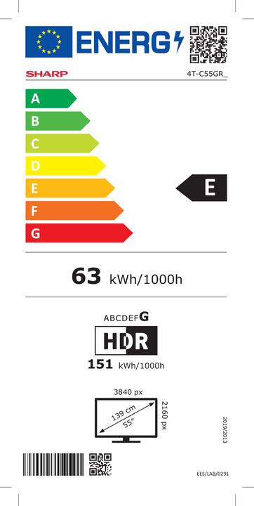 Etichetta energetica Sharp 55GR8265E 55" (139cm) 4K Ultra HD QLED Smart Google Frameless TV, 144Hz, Dolby Vision IQ, Dolby Atmo (55", GR8, QLED, 4K, 2024)