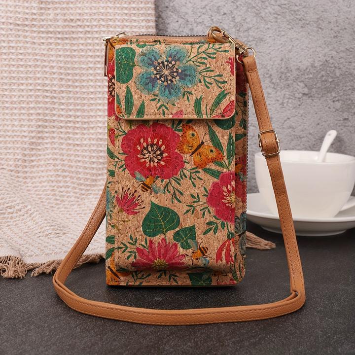 Actual product image Only-Bags.Store Bohemian Floral Pattern Wallet, Retro Vegan Leather Coin Purse, Crossbody Mobile Phone Bag