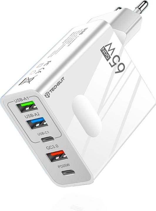 Actual product image Techsuit - Premium Wall Charger PentaXPower (CHC1) - 3x USB, 2x Type-C PD 25W, 65W, GaN, 1m - White