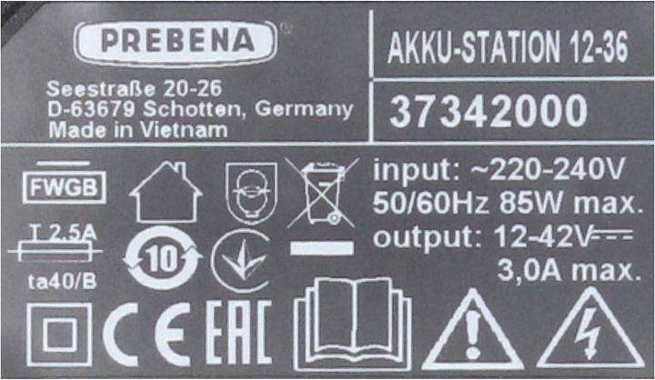 Actual product image Prebena Battery Station 12-36 Quick Charger 12 - 36 Volt AIR COOLED CAS System (18 V)