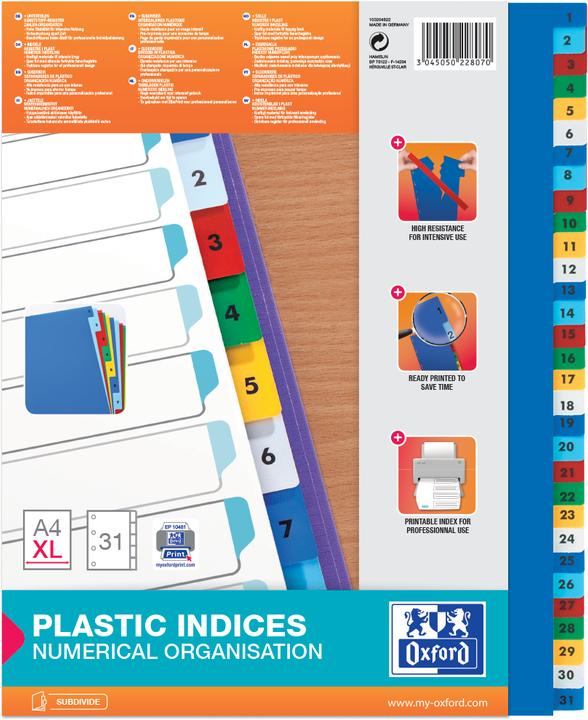 Produktbild Elba Kunststoff-Register, Zahlen, DIN A4+, farbig, 31-teilig Zahlen: 1-31, aus PP, Stärke: 0,12 mm, Regis