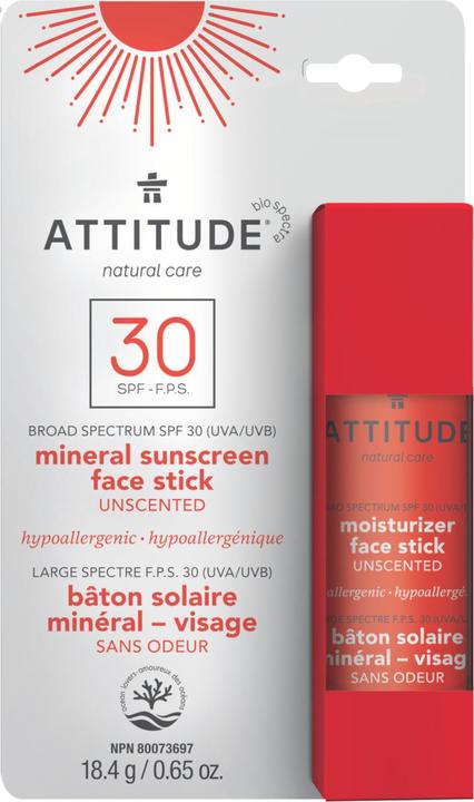 Attitude Sonnenschutz Gesichtsstick unparfümiert (Sonnenstick, Sonnencreme Gesicht, SPF 30)