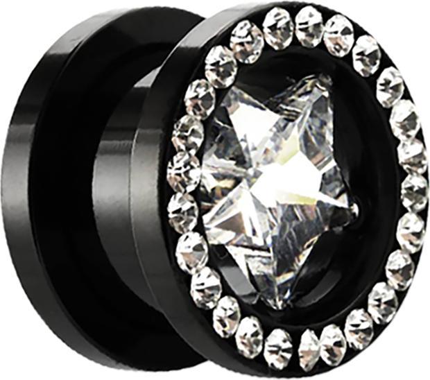 Star Piercing Flesh Tunnel schwarz mit Kristall silber und Stern (Chirurgenstahl 316L, ohne Messing)