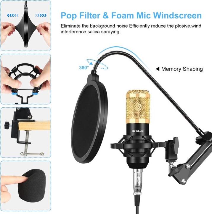 Produktbild Puluz Studio Broadcast Microphone Kit w Scissor Arm & Metal Shock Mount & USB Sound Card (Gold)