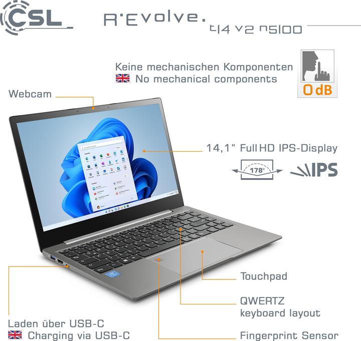 Produktbild CSL Computer Notebook R" Evolve T14 V2 35.6cm (14 Zoll) Full HD Intel® Celeron® N5100 16GB RAM 1TB (14", Intel Celeron N5100, 16 GB, 1000 GB, DE)