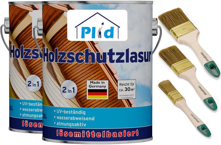 Plid Holzlasur 5l für ca. 60m² + Lasurpinselset 3-tlg. / Holzschutzlasur