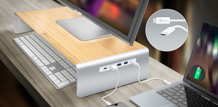 Actual product image j5Create Wood Monitor Stand With Docking (USB-C, 8 Ports)