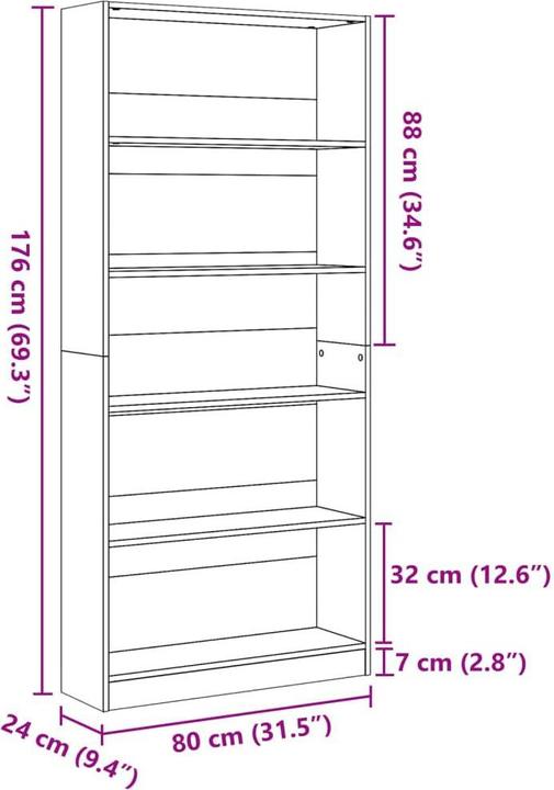 Produktbild VidaXL Bücherregal Regal Standregal Büroregal Aktenregal Braun Eichen-Optik (80 x 24 x 176 cm)