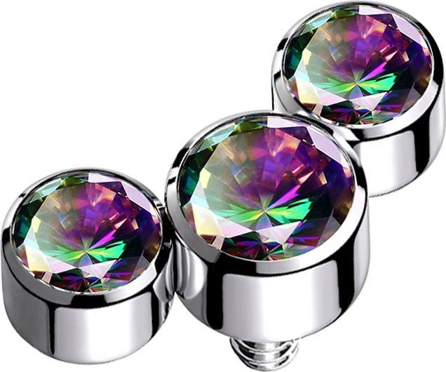 Star Piercing Dermal Anchor silber drei Kristalle dunkel multicolor (ohne Messing, Chirurgenstahl 316L)
