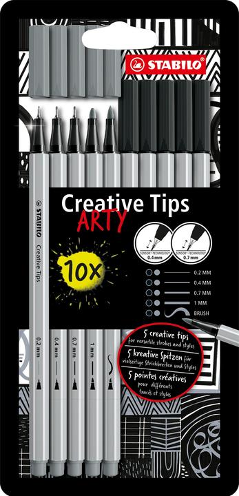 STABILO Feutre à pointe fine Creative Tips Arty (Gris clair, Noir, 10 x)