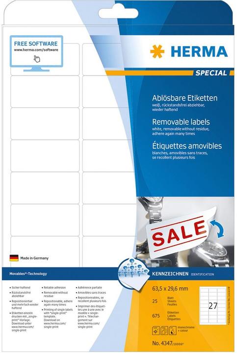 Image du produit HERMA Étiquettes détachables A4