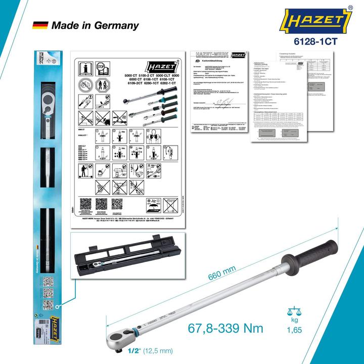 Produktbild HAZET Drehmomentschlüssel ∙ US-STANDARD 6128-1CT ∙ Nm min-max: 67.8 - 339 Nm ∙ lbf min-max: 50 - 25… (1/2", 67.80 Nm, 339 Nm)