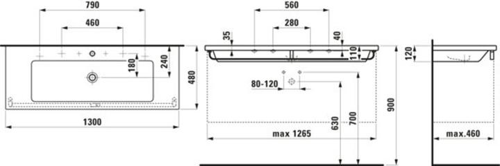 Image du produit Laufen Living Square lavabo, encastré, 3 trous pour robinet, 1300x480, blanc, H8164360001 (480 mm, 1300 mm)