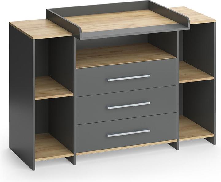 Vichy Wickelkommode Oskar, Anthrazit/Goldkraft Eiche, 143.2 x 93 cm mit 3 Schubladen