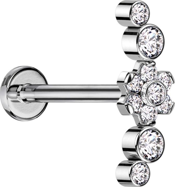 Star Piercing Micro Labret Innengewinde silber Blume Kristalle silber gefasst vier Kristalle silber (ohne Messing, Titan G23)