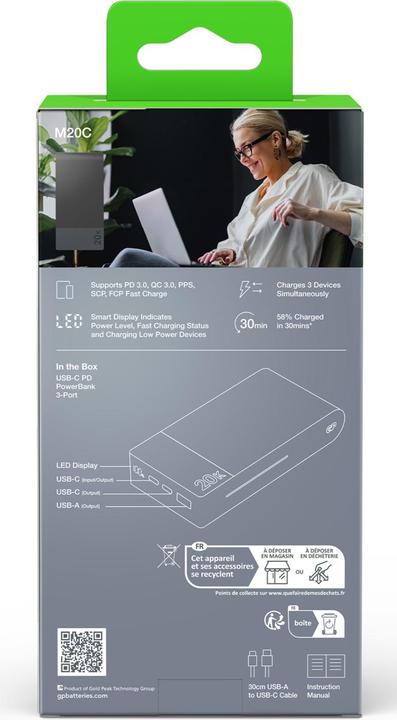 Actual product image GP Batteries GP PowerBank M2+ 20C 20000mAh 2xUSB-C/1xUSB-A black LED indicator (20000 mAh, 22.50 W, 74 Wh)