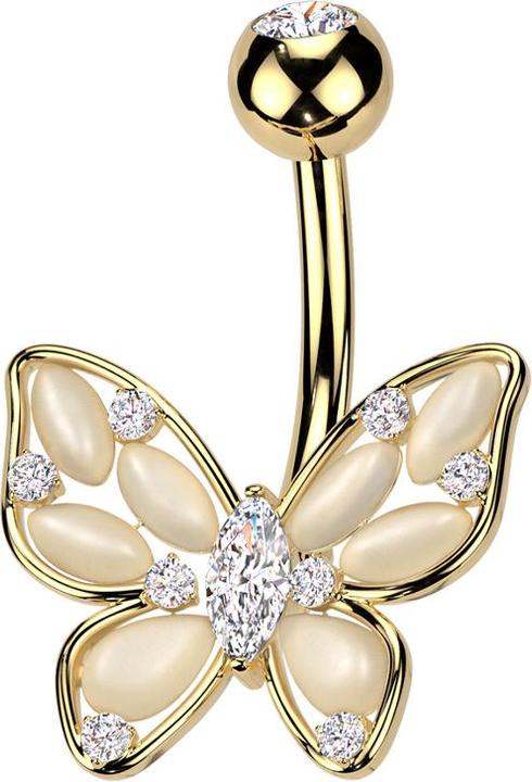 Star Piercing Banane vergoldet mit Kugel vergoldet Kristall silber und Schmetterling Kristalle silber (Messing, Chirurgenstahl 316L)