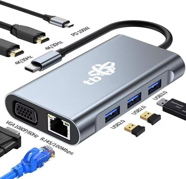 Produktbild Lenovo 8in1 Adapter USB C HDMI x2 USB VGA RJ45 PD (HDMI, RJ45, USB Typ-C, USB 2.0)