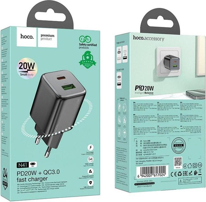Produktbild Hoco Adapter charger USB A + Type C PD QC 3A 20W N41 black (20 W)
