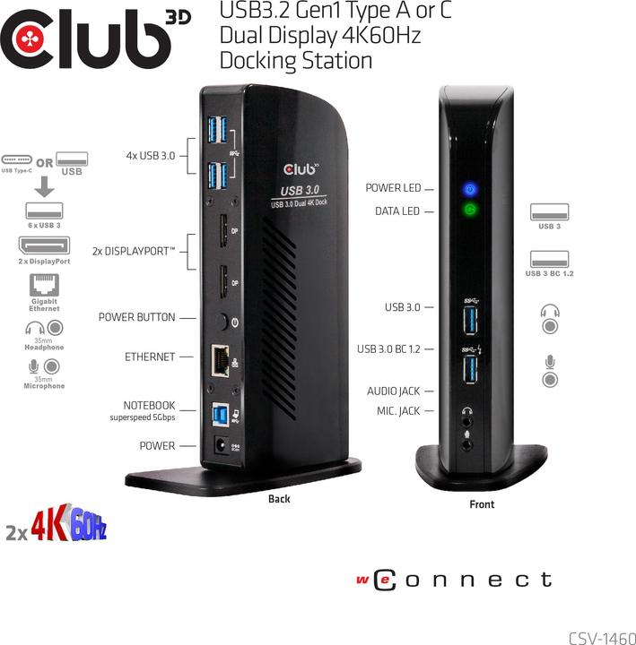 Produktbild Club 3D Dual Display Docking Station 4K60Hz (USB-B, 2 Ports)